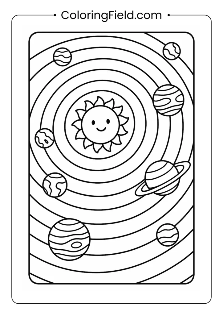 Complete solar system with all planets in orbital paths outlined for coloring