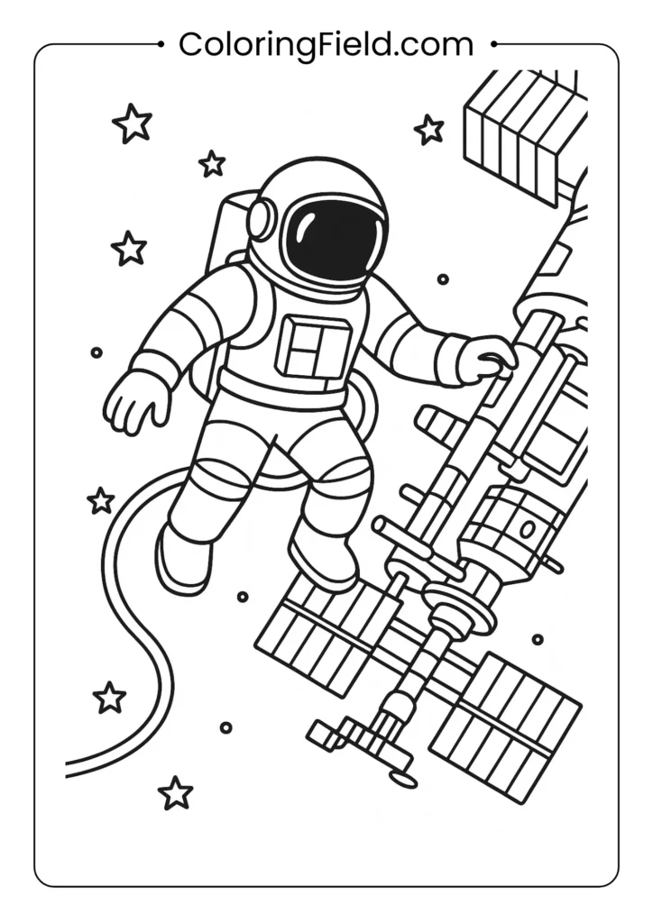 Astronaut conducting spacewalk outside space station outline drawing