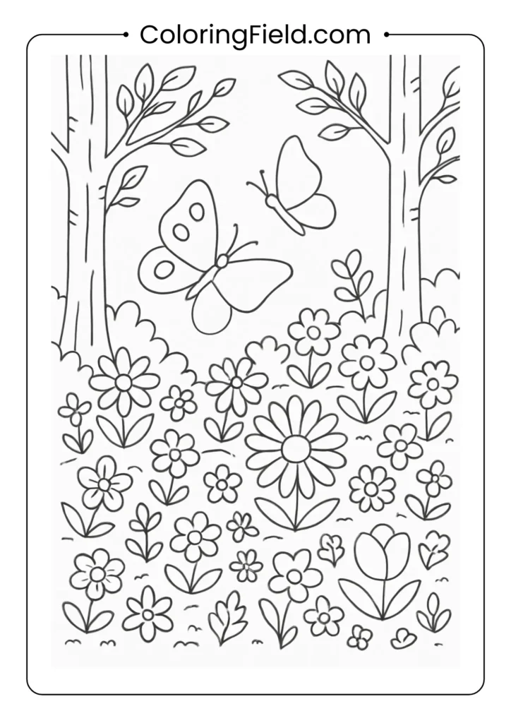Spring forest coloring page with wildflowers covering forest floor and butterflies