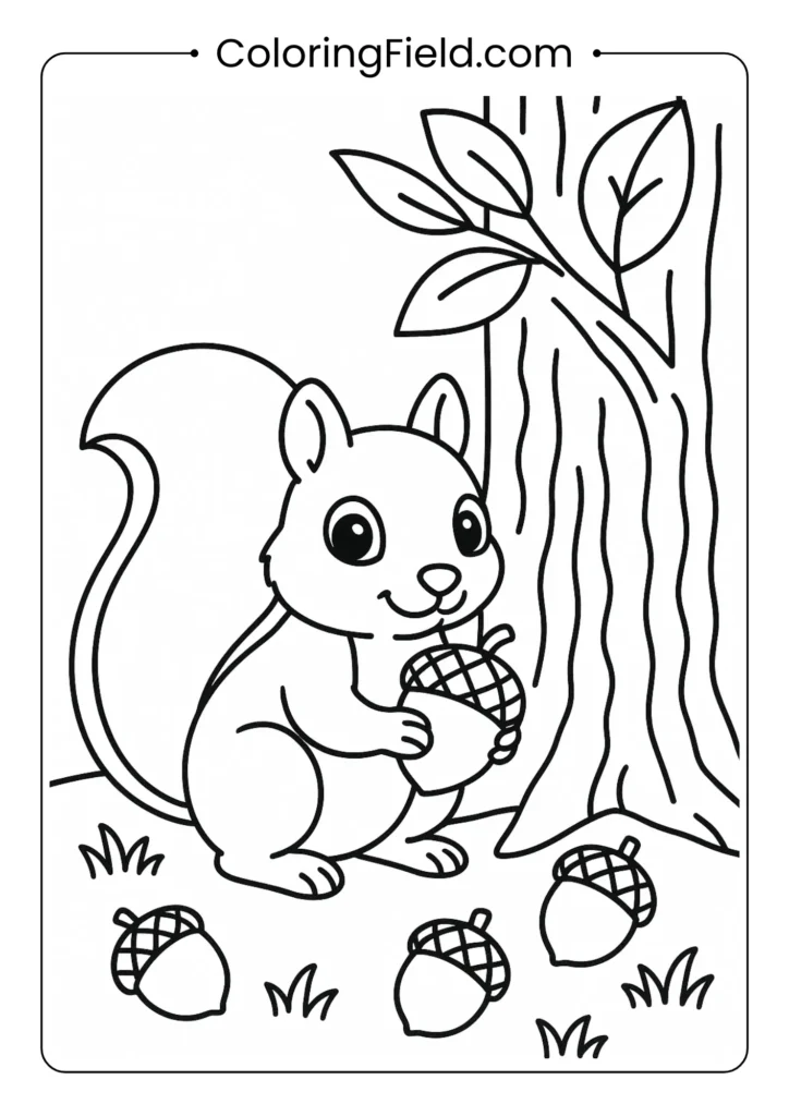 Squirrel coloring page collecting acorns near tree base with scattered nuts