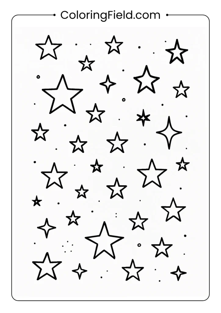 Star field with various sized stars and cosmic dust outlined for kids