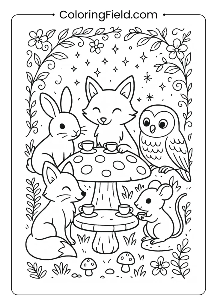 Animal tea party coloring page with various creatures around mushroom table