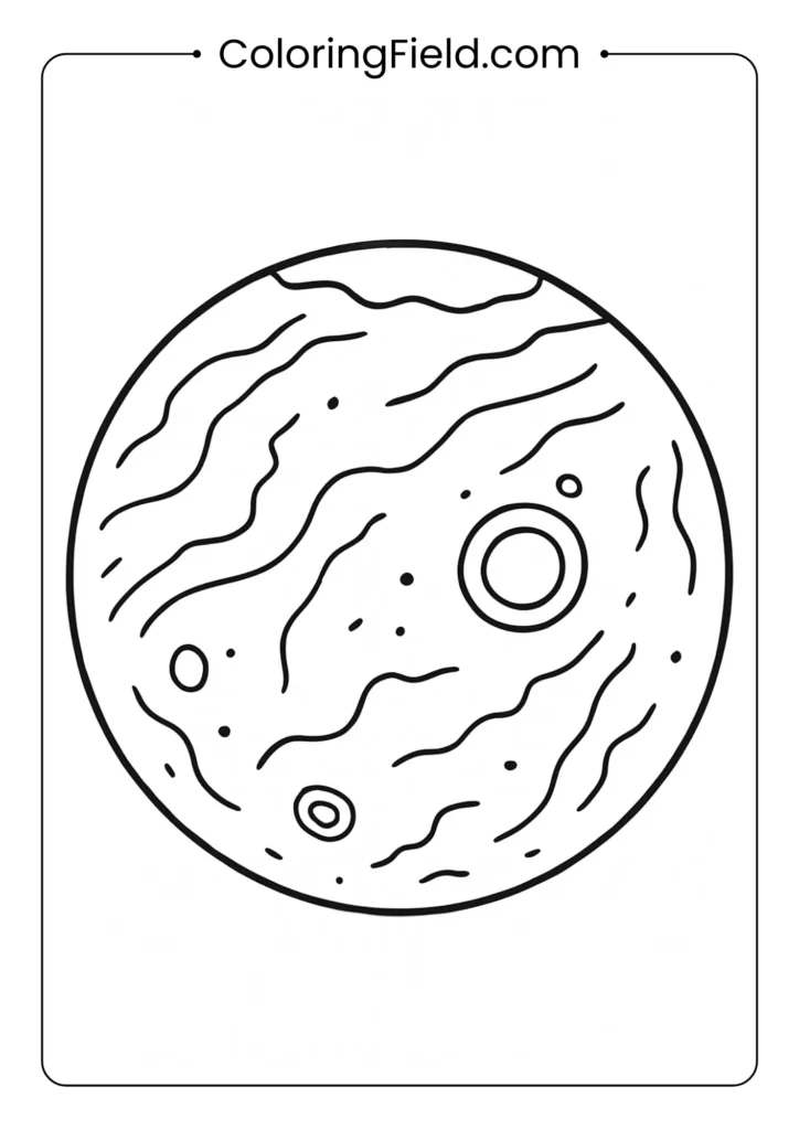 Mars planet with polar ice caps and surface features as line art for coloring