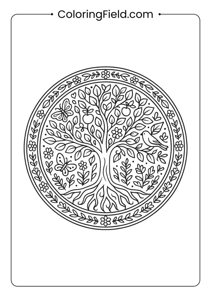 Tree of Life mandala with symmetrical roots and branches, leaves, flowers, fruits and small creatures