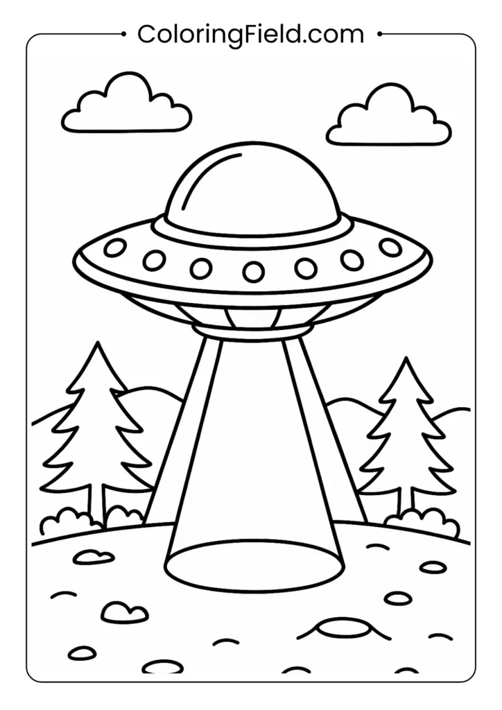 Classic UFO with lights underneath hovering over landscape for coloring