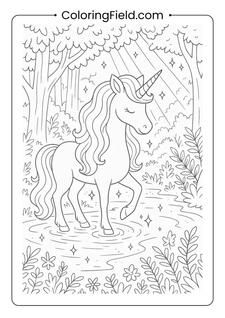 Unicorn coloring page with flowing mane drinking from sparkling forest stream