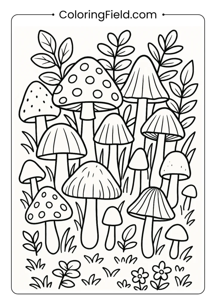 Forest mushrooms coloring page showing different types and sizes with detailed patterns