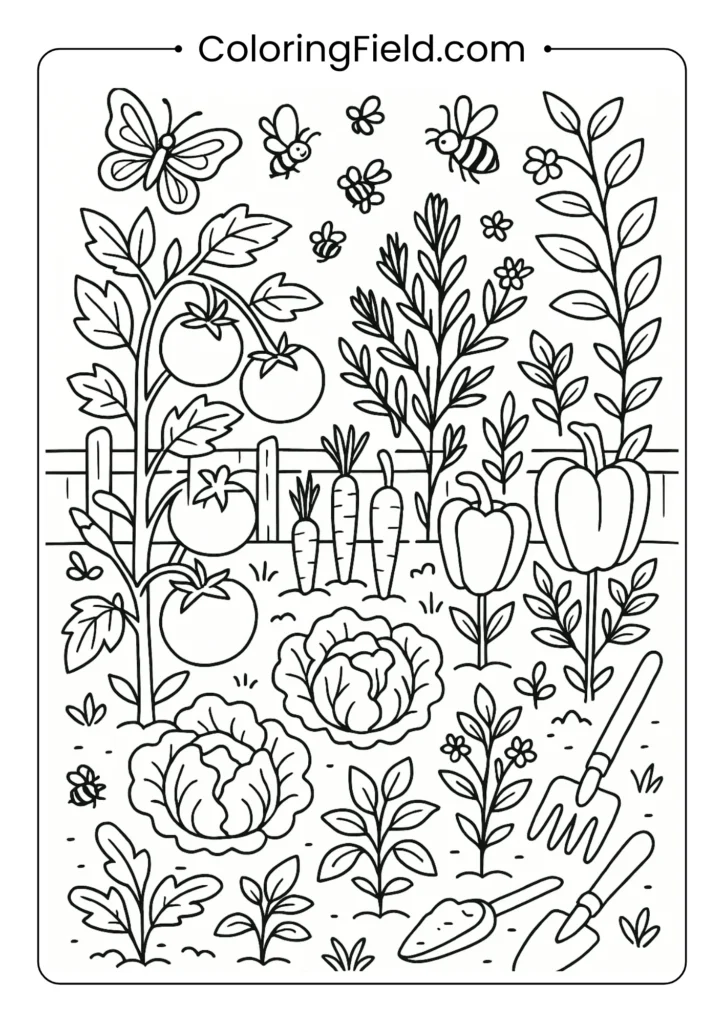 Thriving vegetable garden with tomatoes, carrots, lettuce and herbs plus garden tools and beneficial insects