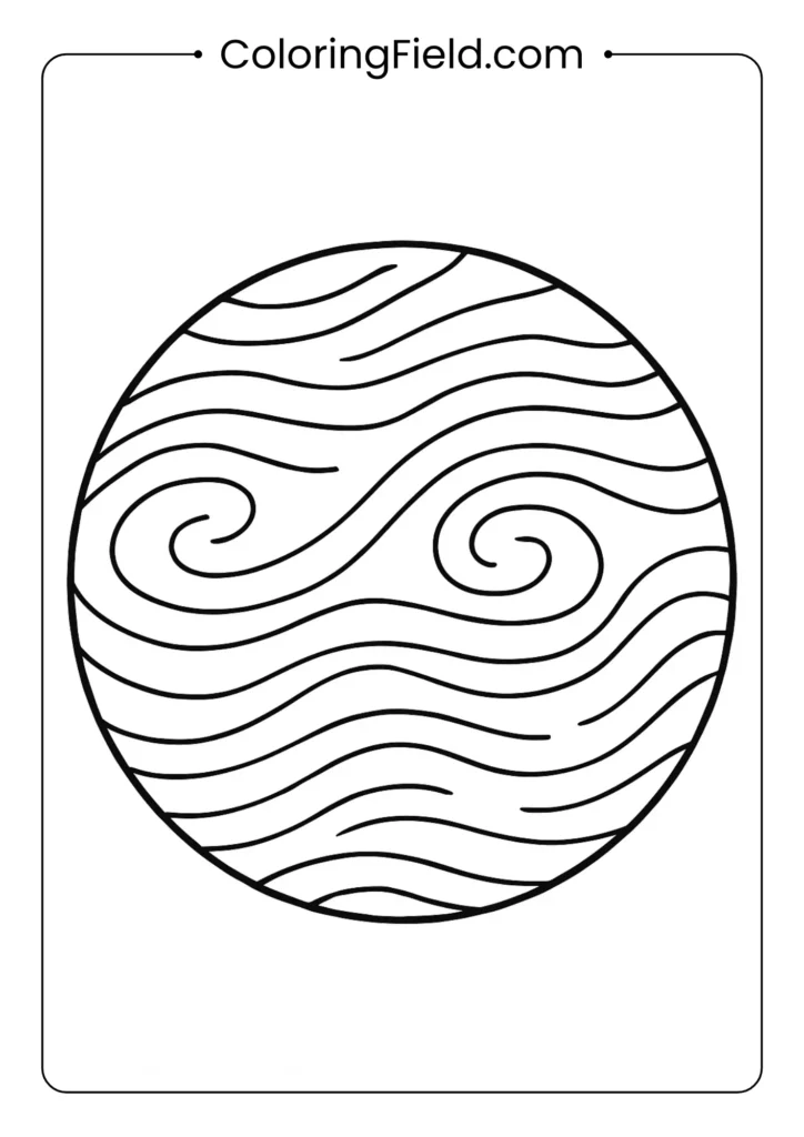 Venus planet with swirling cloud patterns in black outline coloring page format