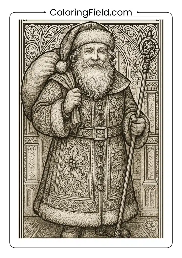 Detailed vintage Victorian Santa coloring page with elaborate period clothing