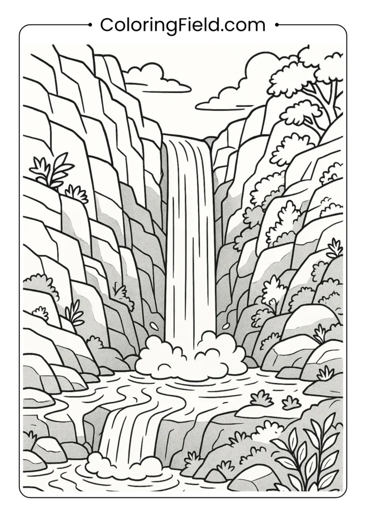 Dramatic waterfall cascading down rocky cliffs with mist, vegetation and peaceful pool at base