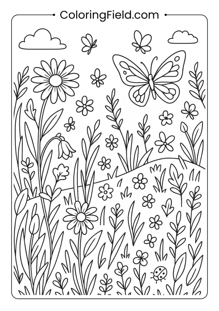 Natural wildflower meadow with native flowers, tall grasses, butterflies and small meadow creatures