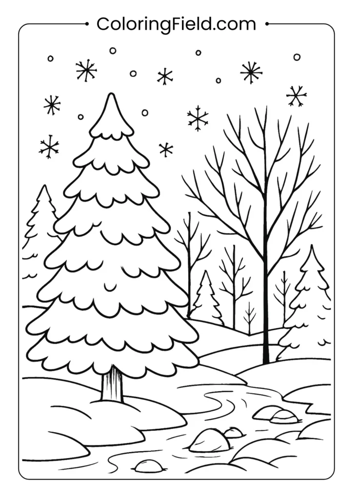 Winter forest coloring page with snow-covered evergreens and falling snowflakes