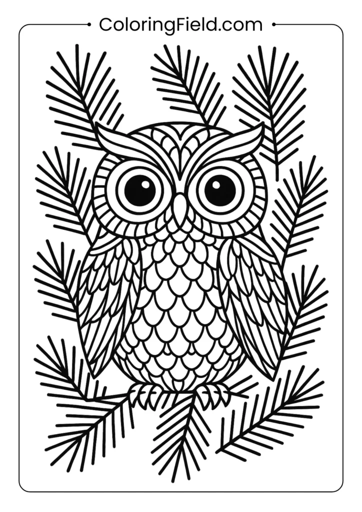 Detailed owl coloring page with feather patterns perched on pine tree branch