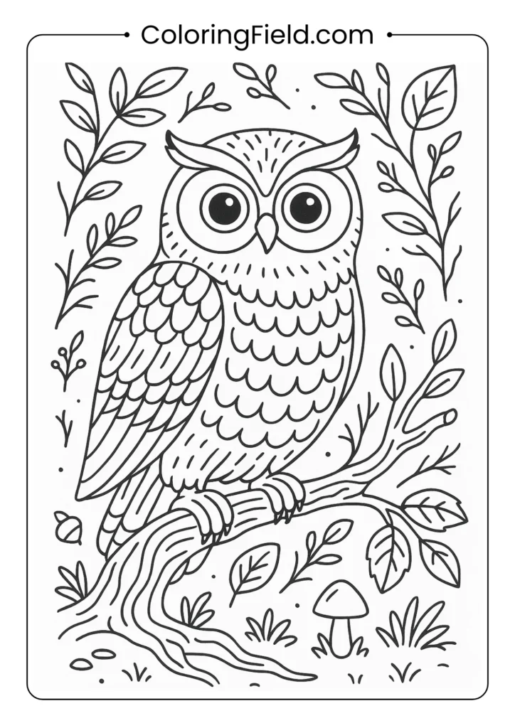 Detailed great horned owl perched on tree branch with intricate feathers and forest background elements