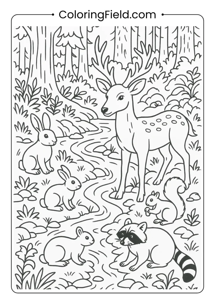 Peaceful scene of deer, rabbits, squirrels and raccoons gathering around a forest stream with lush vegetation