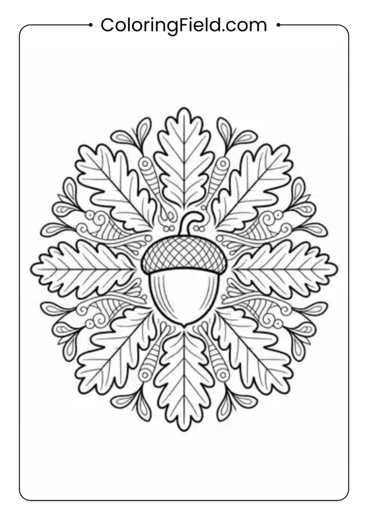 Acorn and oak mandala coloring page featuring a circular design made of acorns, oak leaves, and intricate forest patterns.