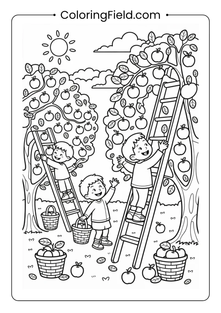 Apple picking day coloring page featuring kids and families gathering apples from trees in a sunny orchard.
