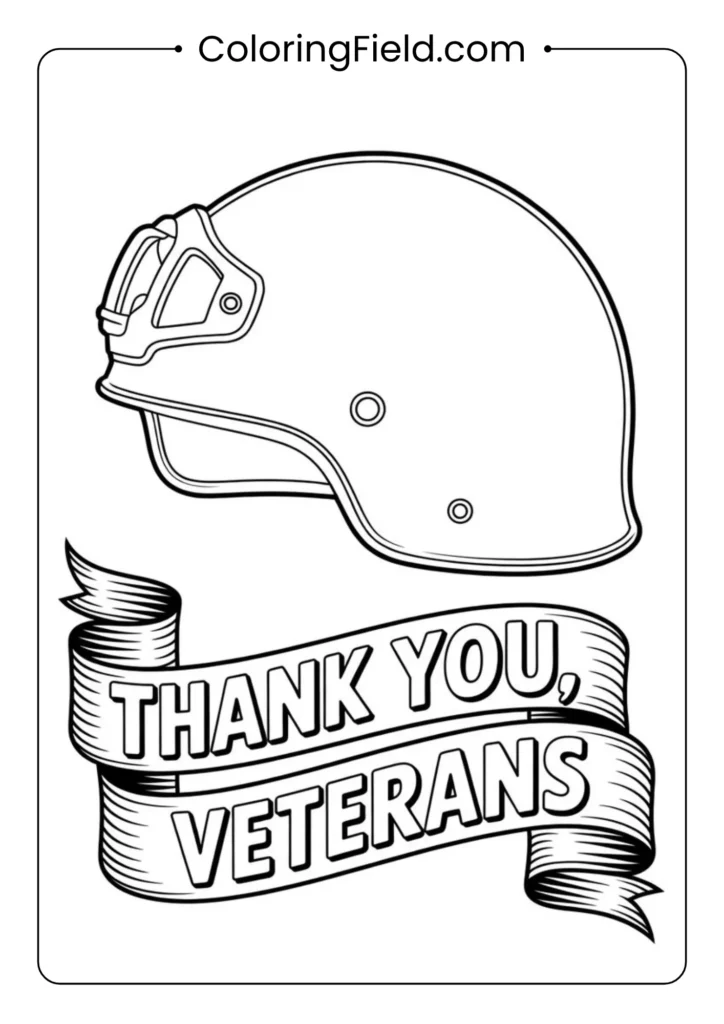 Army helmet coloring page featuring a detailed military helmet with simple outlines for easy coloring.
