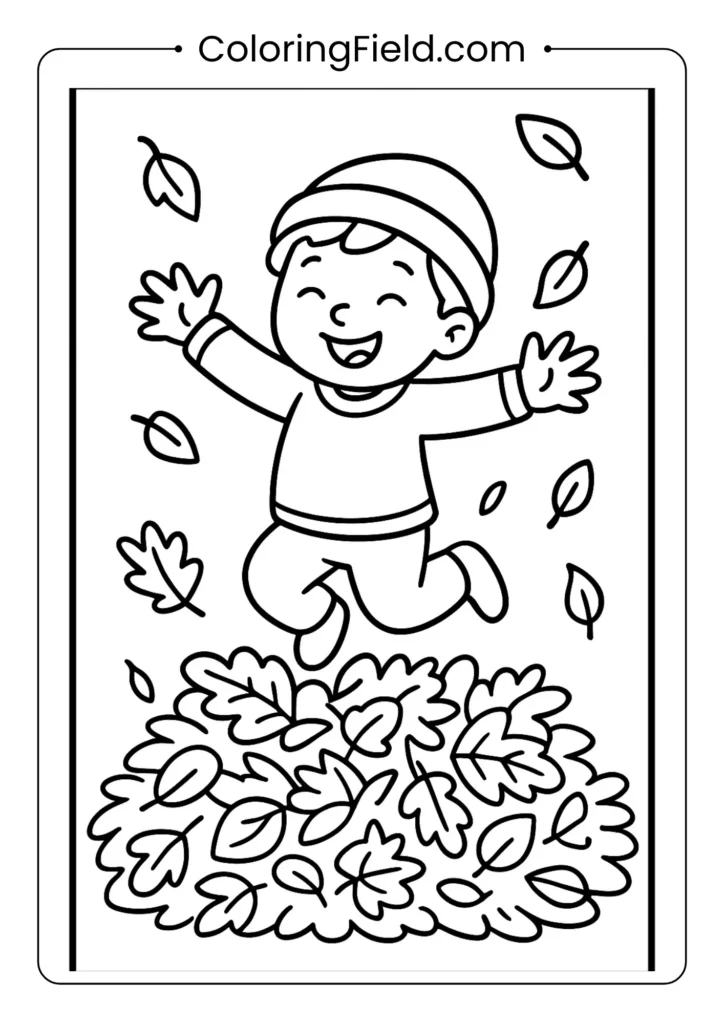Autumn leaf pile jump coloring page featuring a happy child leaping into a big pile of colorful fall leaves.