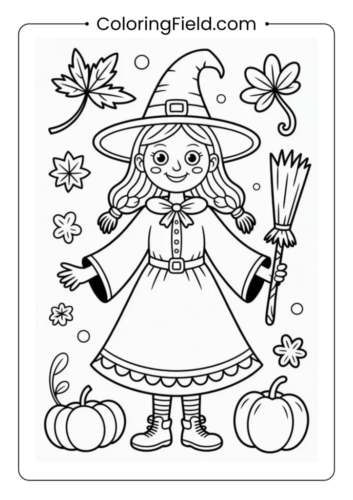 Autumn witch coloring page featuring a cozy witch surrounded by pumpkins, falling leaves, and magical autumn scenery.