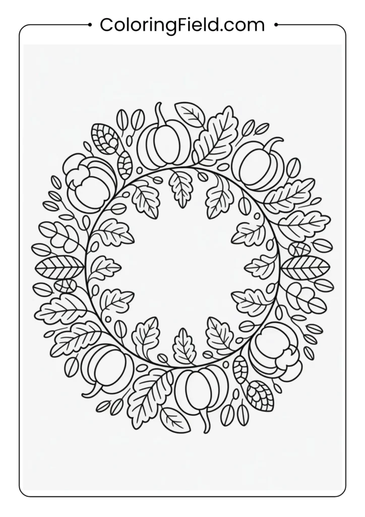 Autumn wreath mandala coloring page featuring a circular pattern of fall leaves, berries, acorns, and swirling seasonal details.