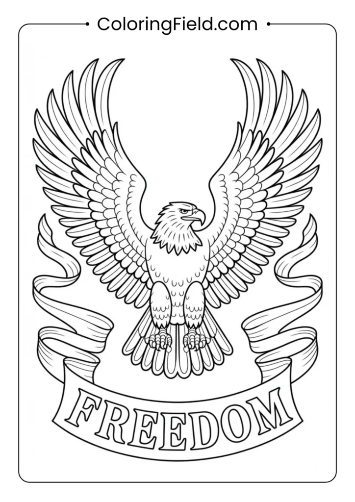 Bald eagle coloring page featuring a majestic eagle with outstretched wings and detailed feathers.