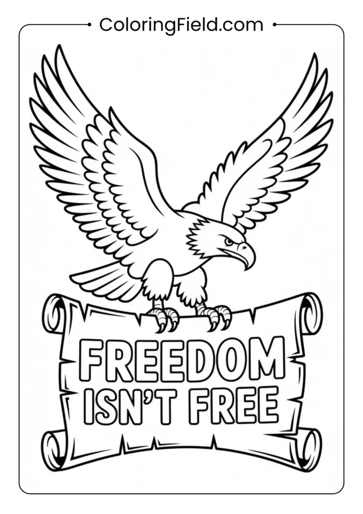 Bald eagle holding a scroll coloring page featuring a proud eagle grasping a rolled parchment in its talons.