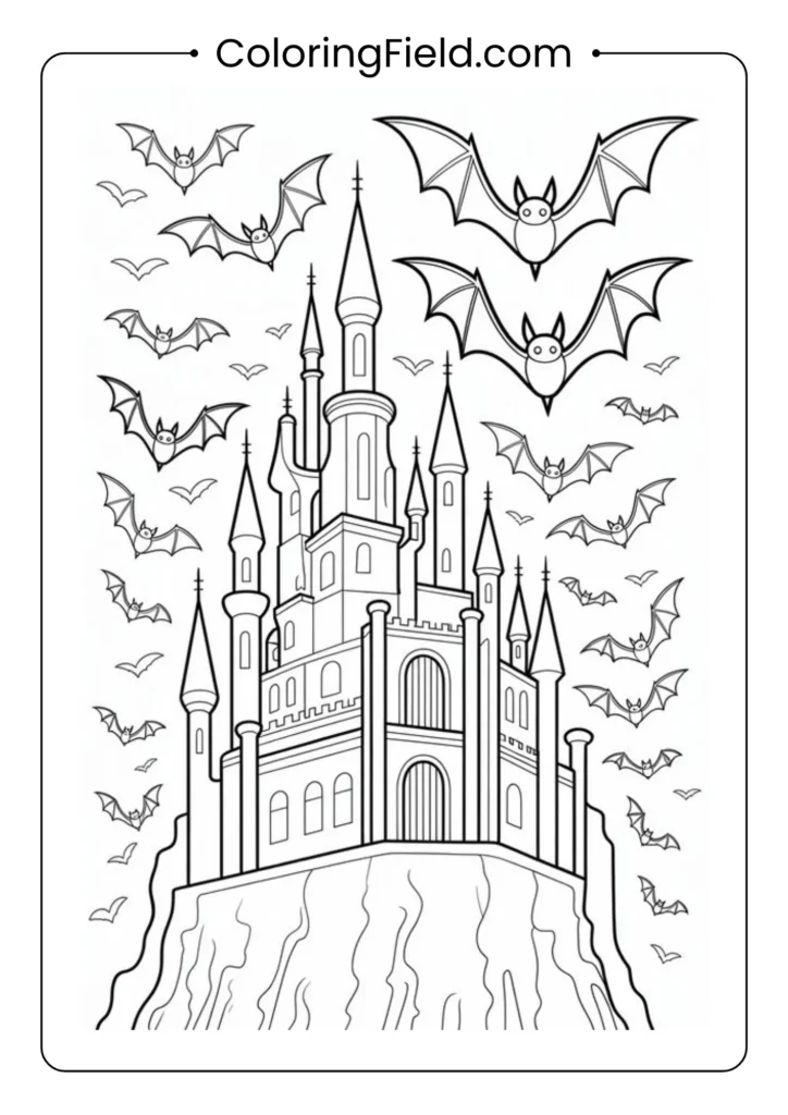 Bat castle coloring page featuring a spooky castle surrounded by flying bats under a glowing full moon.