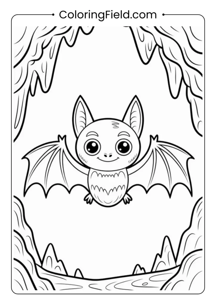 Bat cave adventure coloring page featuring playful bats exploring a dark cave filled with stalactites and Halloween mystery.