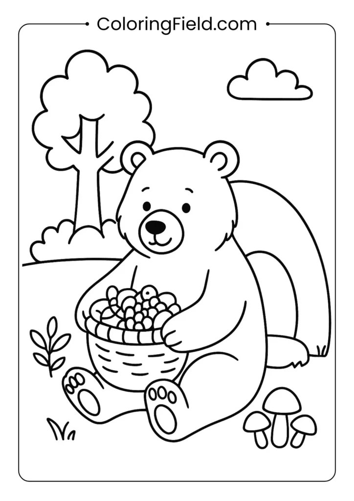 Bear preparing for hibernation coloring page featuring a cozy bear gathering food and leaves for its winter den.