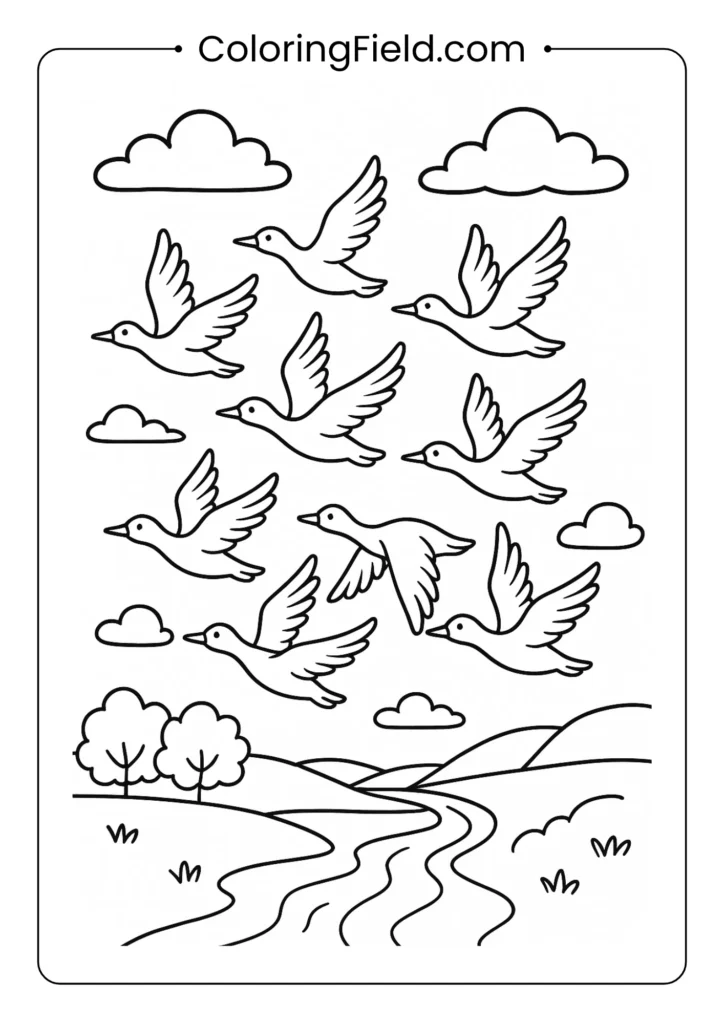 Birds migrating south coloring page featuring flocks of birds flying across the autumn sky toward warmer climates.