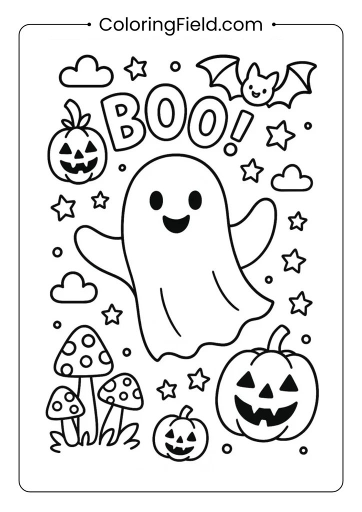 Cute “Boo” ghost coloring page featuring an adorable ghost saying “Boo!” in a playful Halloween scene, perfect for kids.