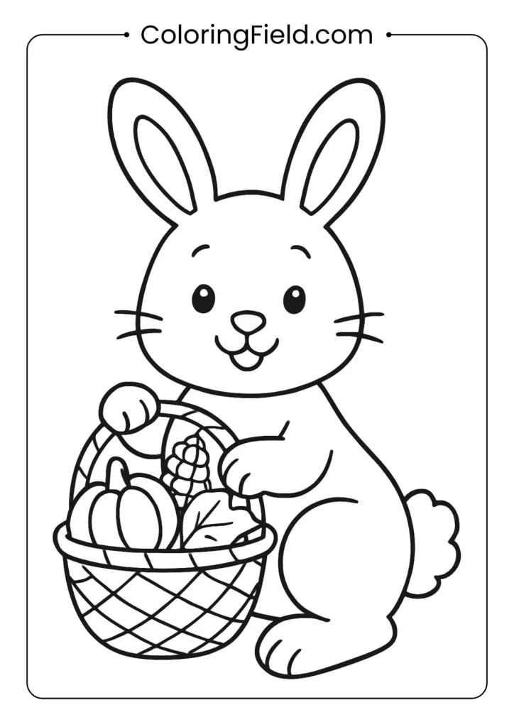 Bunny with a fall basket coloring page featuring a cute rabbit carrying a basket filled with pumpkins, apples, and autumn leaves.