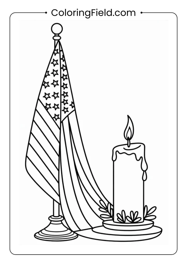 Candle and American flag memorial scene coloring page featuring a glowing candle beside a folded U.S. flag and gentle background details.