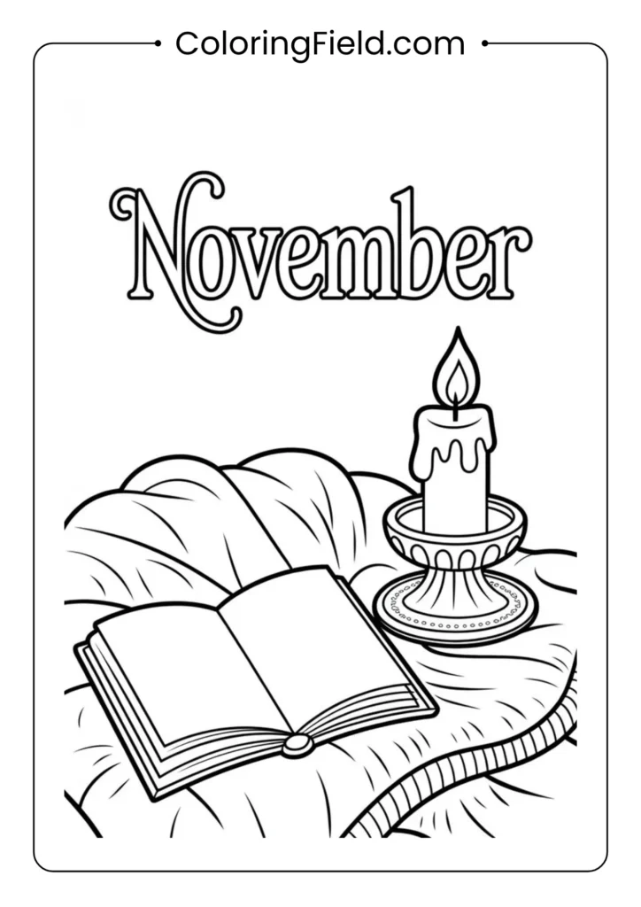Cozy coloring page showing an open book beside a lit candle with gentle decorative details.