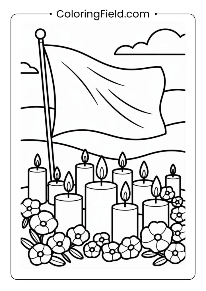 Candlelight vigil with flag background and poppies coloring page featuring a lit candle, waving American flag, and symbolic red poppies in remembrance.