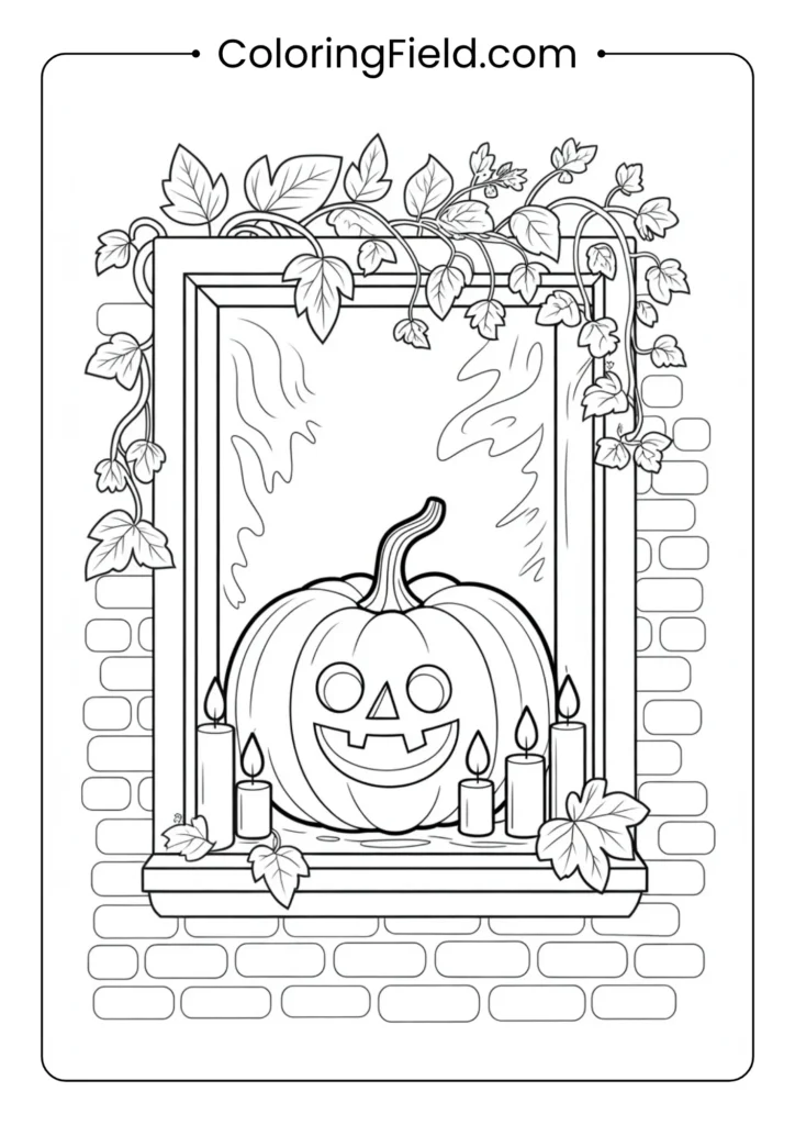Cozy candlelit pumpkin window coloring page featuring a glowing jack-o’-lantern on a windowsill with warm Halloween vibes.