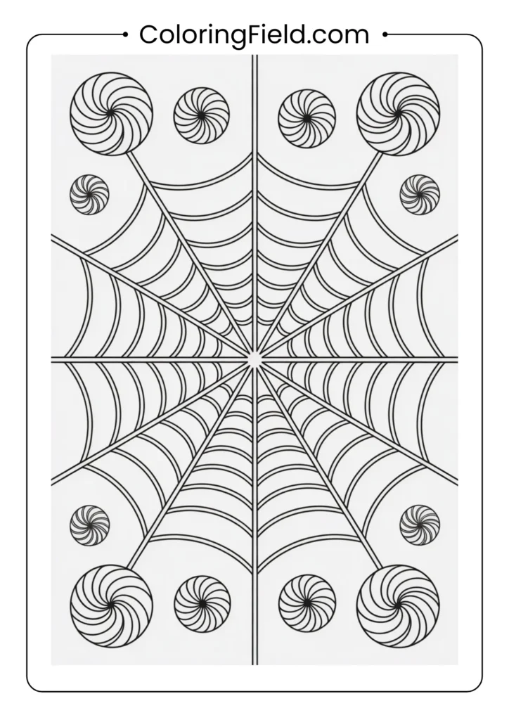 Candy web coloring page featuring a spider web made of candy with sweets like lollipops, candy corn, and chocolates.