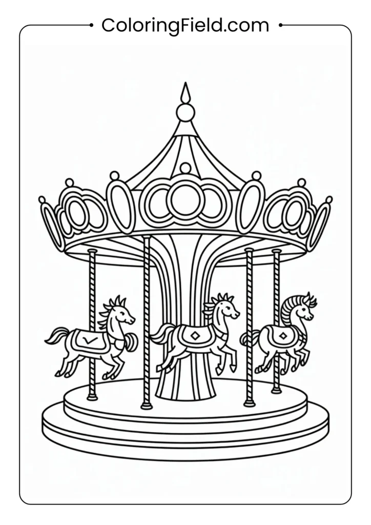 Carousel coloring page featuring a classic merry-go-round with beautifully decorated horses and festive details.