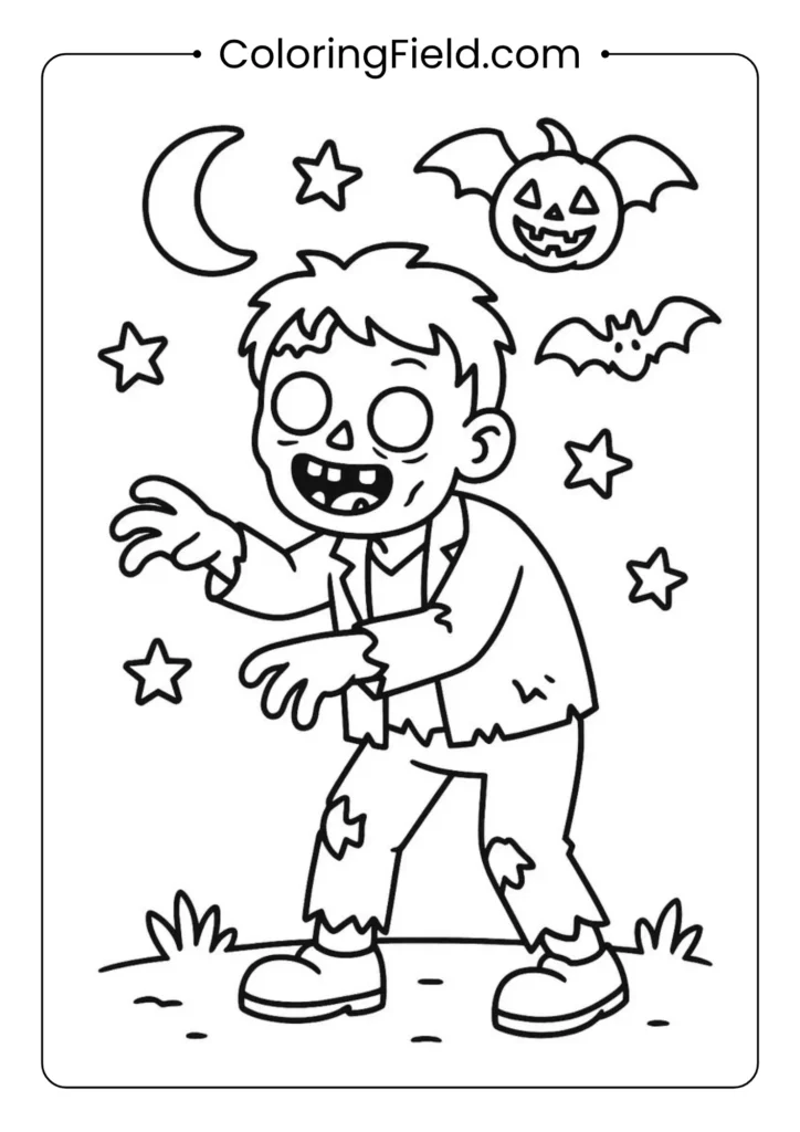 Funny cartoon zombie coloring page featuring a goofy, friendly zombie character with playful Halloween details.