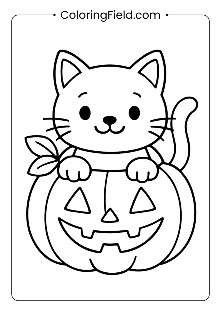 Cat inside a pumpkin coloring page featuring a cute kitten peeking out from a carved jack-o’-lantern.