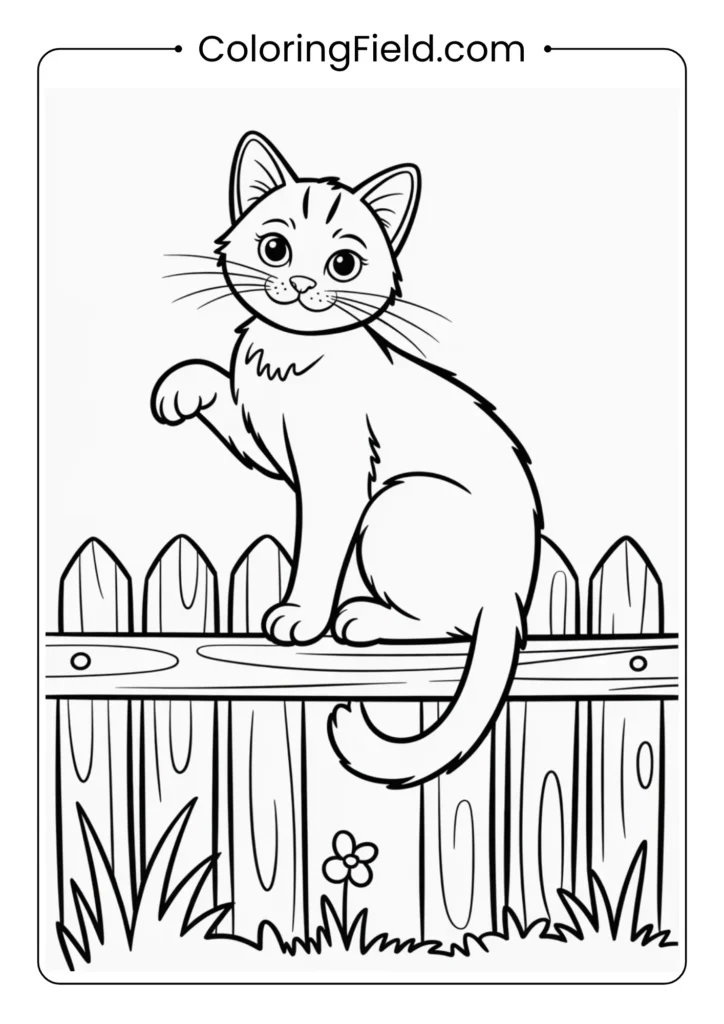 Halloween cat on a fence coloring page featuring a black cat sitting on a wooden fence under the moonlight.