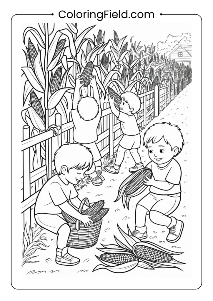 Children gathering corn coloring page featuring happy kids collecting ears of corn in a sunny autumn field.