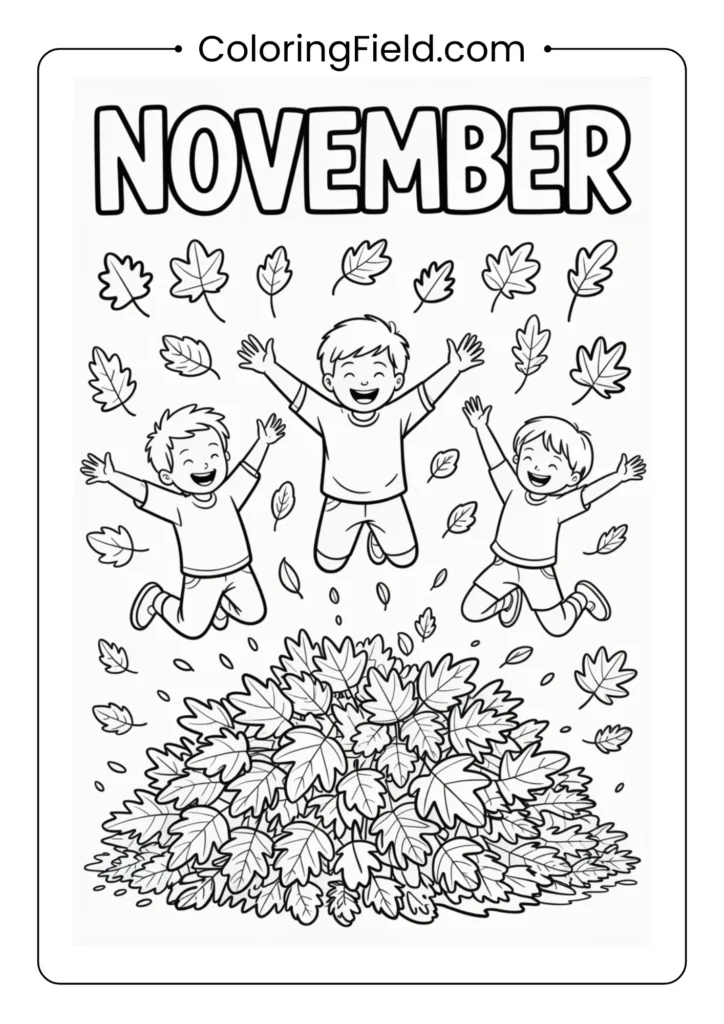 Children jumping into a big pile of leaves coloring page featuring happy kids playing among autumn leaves and trees.