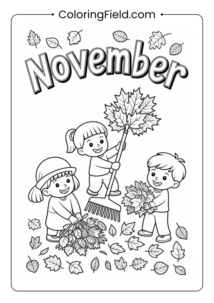 Two children happily raking piles of autumn leaves in a yard with trees in the background.