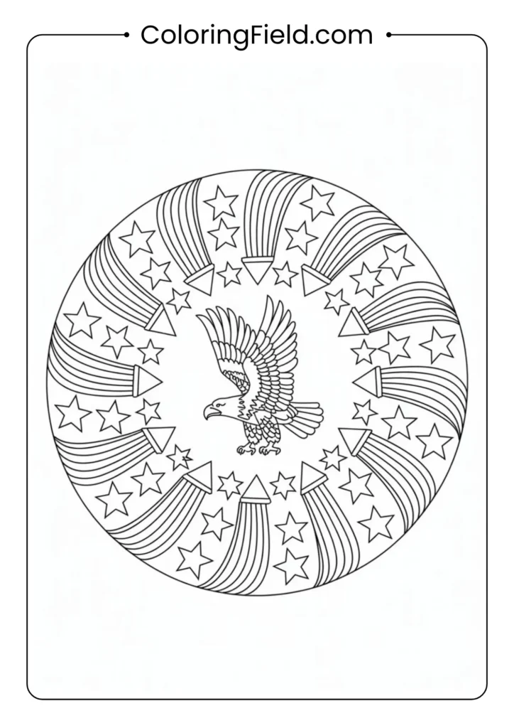 Circle mandala made of stars, stripes, and eagles coloring page featuring a symmetrical patriotic design inspired by American symbols.