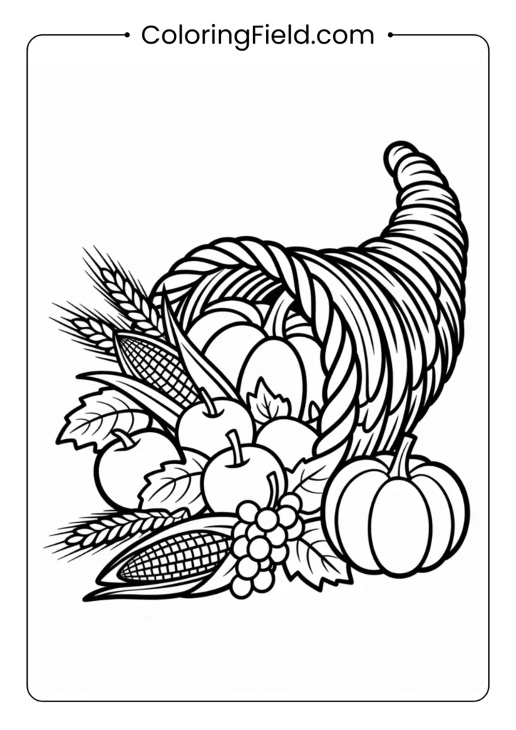 Cornucopia harvest basket coloring page featuring a horn-shaped basket overflowing with fruits, vegetables, and autumn leaves.
