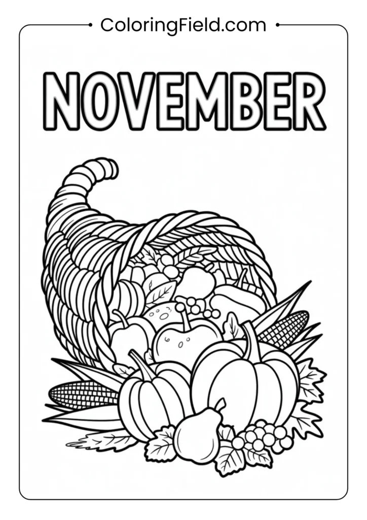 A detailed cornucopia spilling over with fruits, vegetables, and autumn harvest items for coloring.