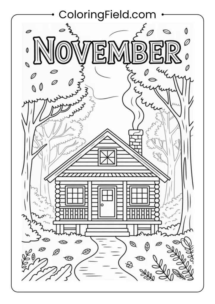 Charming cabin surrounded by tall trees and nature, with smoke rising from the chimney.